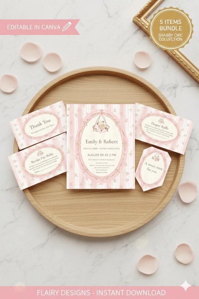 Pink Floral Baby Shower Invitation Bundle, Shabby Chic Rose, Bow, Canva Template (Digital Download)