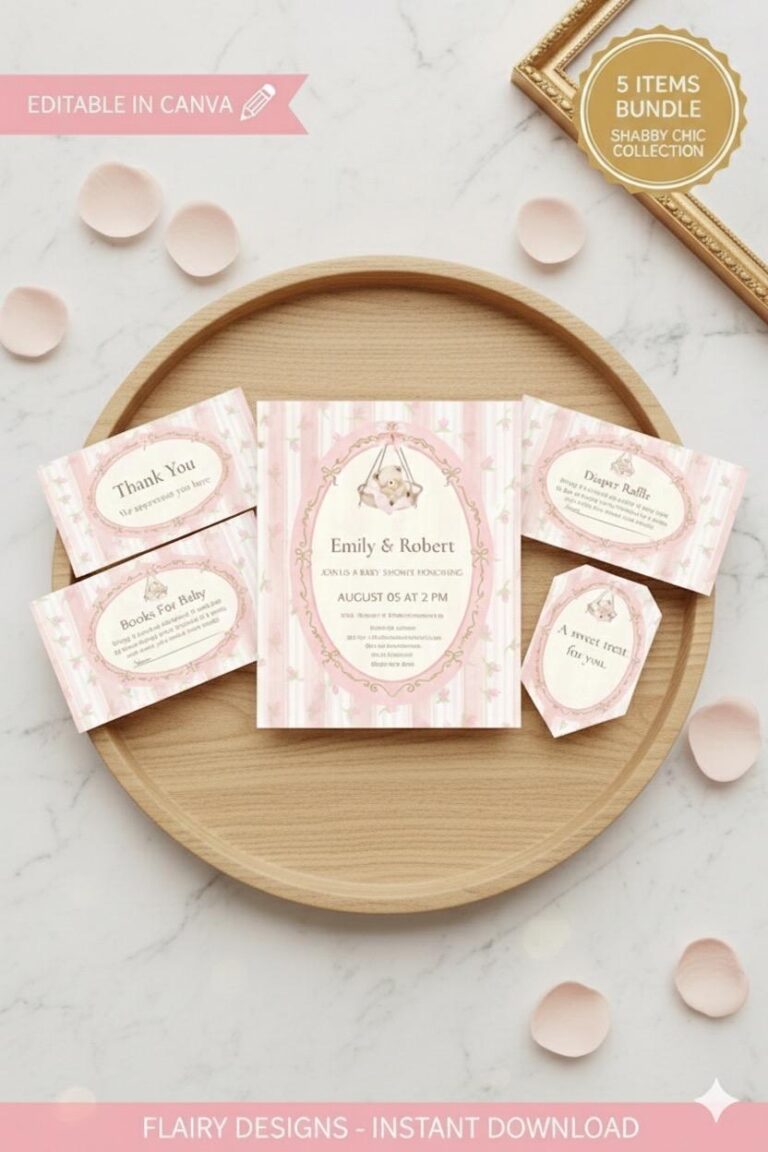 Pink Floral Baby Shower Invitation Bundle, Shabby Chic Rose, Bow, Canva Template (Digital Download)