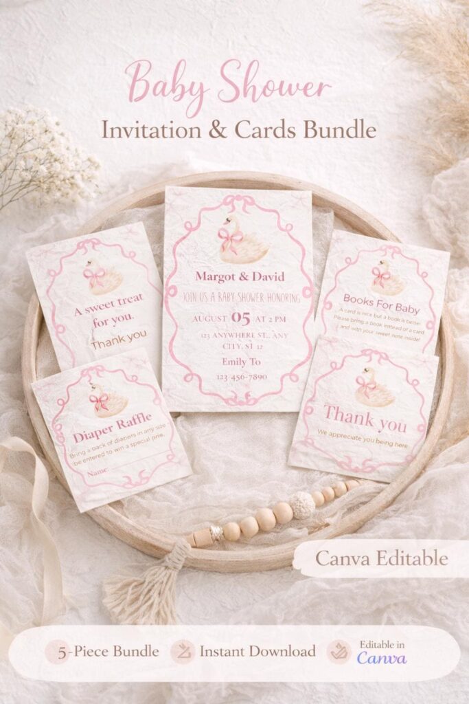 Swan Baby Shower Invitation Bundle, Canva Template (Digital Download)
