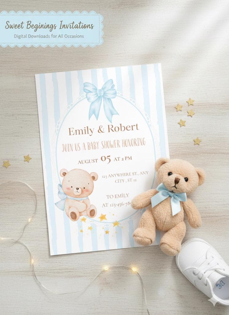 Teddy Bear Baby Shower Invitation | Blue Stripes (Digital Canva Template)