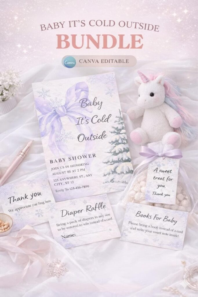 Winter Baby Shower Invitation Bundle, Lavender Snowflake Design (Digital Download)