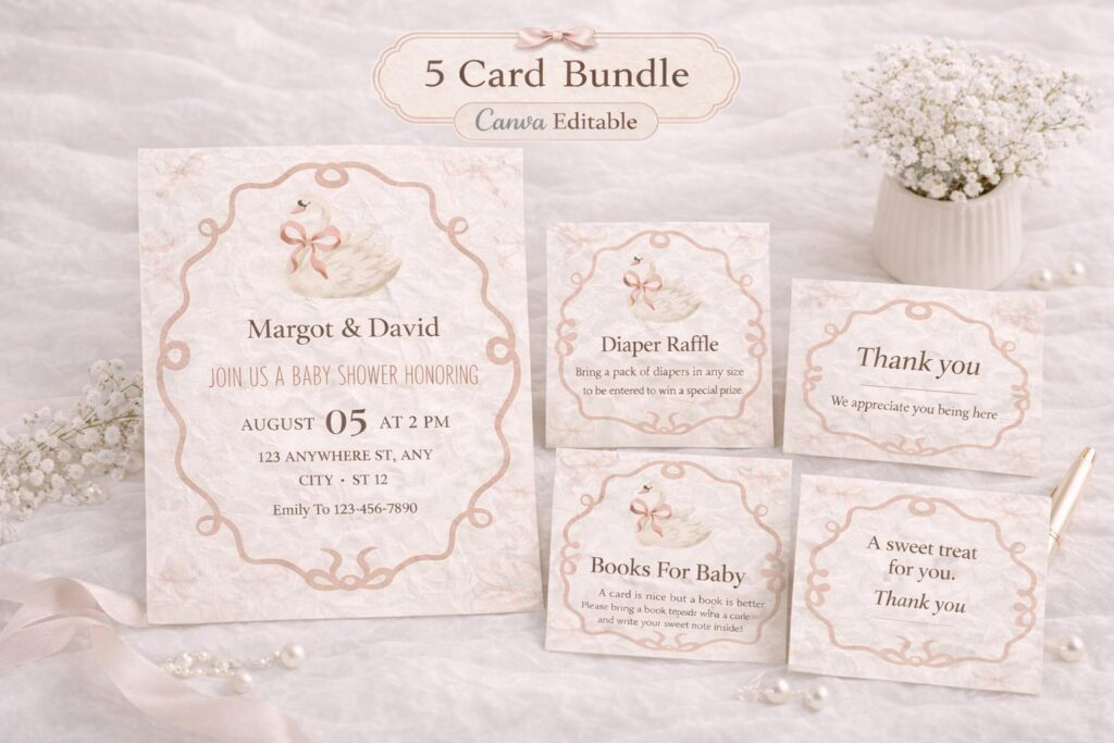 Swan Baby Shower Invitation Bundle, Pink and Neutral (Digital Download)