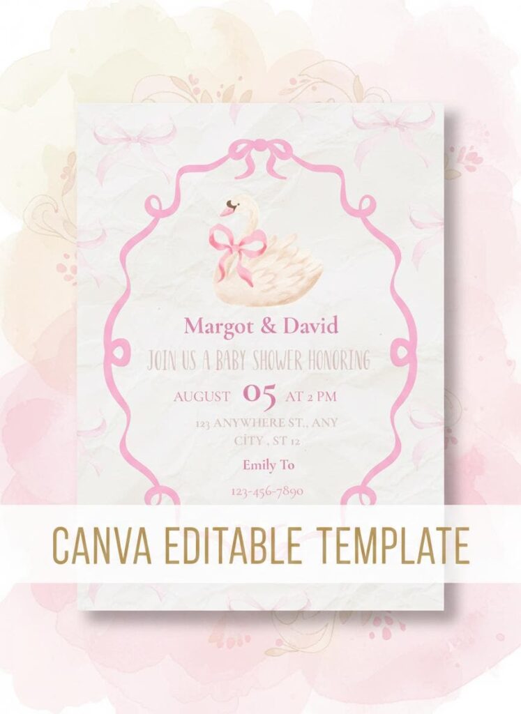 Swan Baby Shower Invitation | Pink Watercolor, Canva Template (Digital)