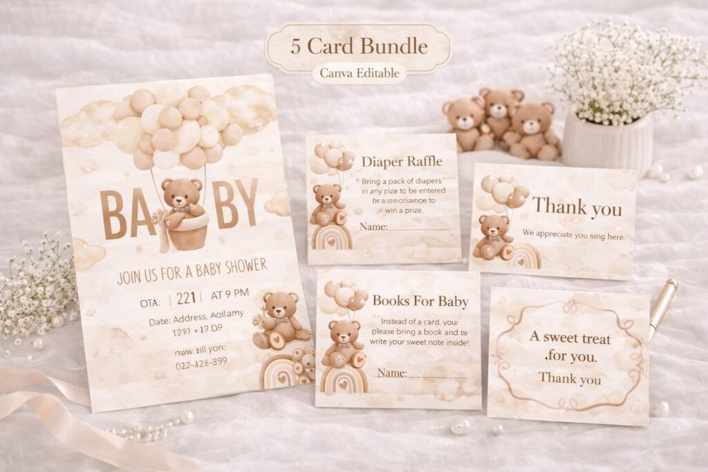 Teddy Bear Baby Shower Invitation Bundle, Beige Balloons (Canva Editable)
