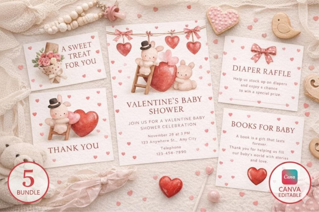 Valentine Baby Shower Invitation Bundle | Heart Bunny Theme (Editable Canva Files)