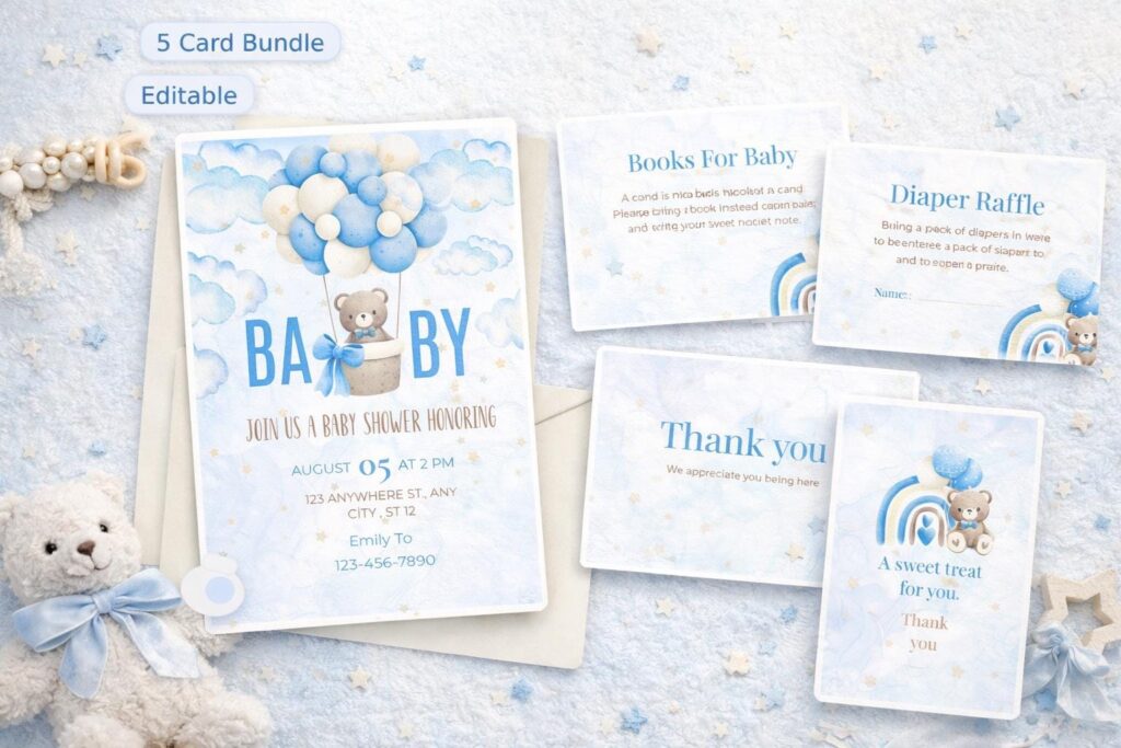 Blue Teddy Bear Baby Shower Invitation Set | Canva Editable (Digital Download)