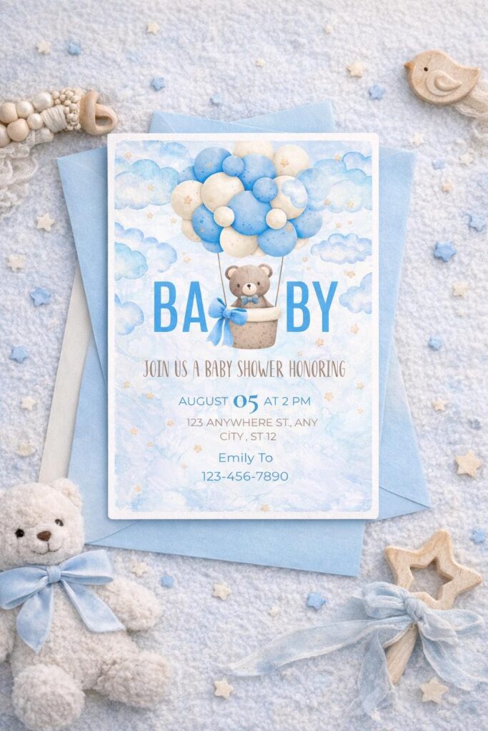Blue Teddy Bear Baby Shower Invitation | Editable Canva Template (Digital Download)