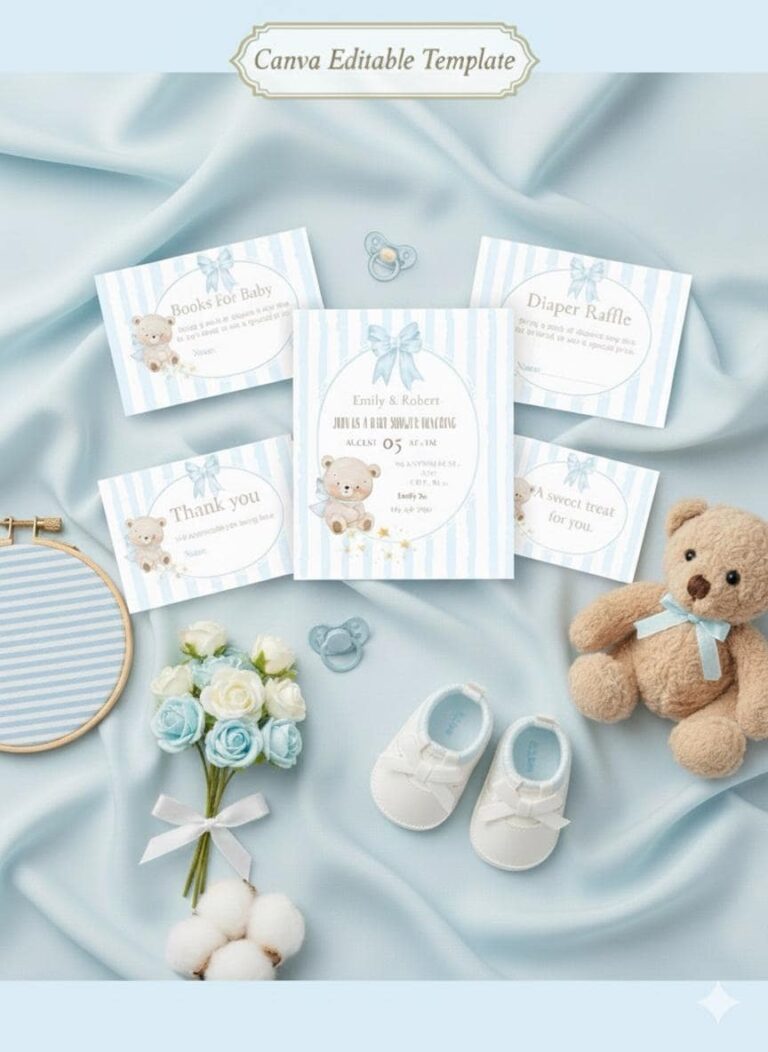 Blue Teddy Bear Baby Shower Invitation Bundle, Canva Editable (Digital Download)
