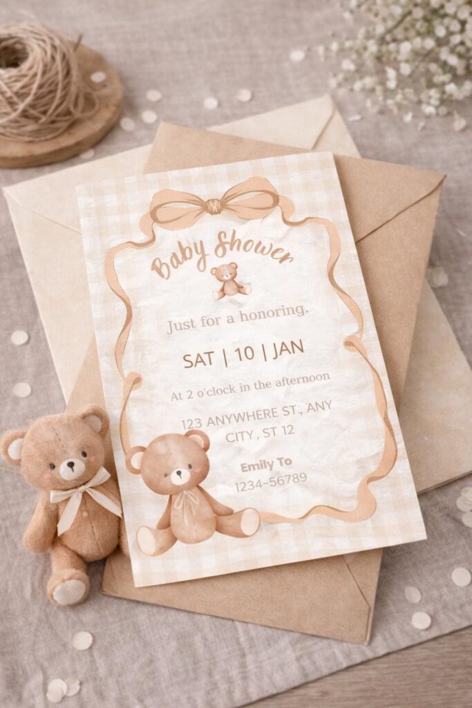 Teddy Bear Baby Shower Invitation | Beige Neutral Theme (Canva Template, Digital Download)
