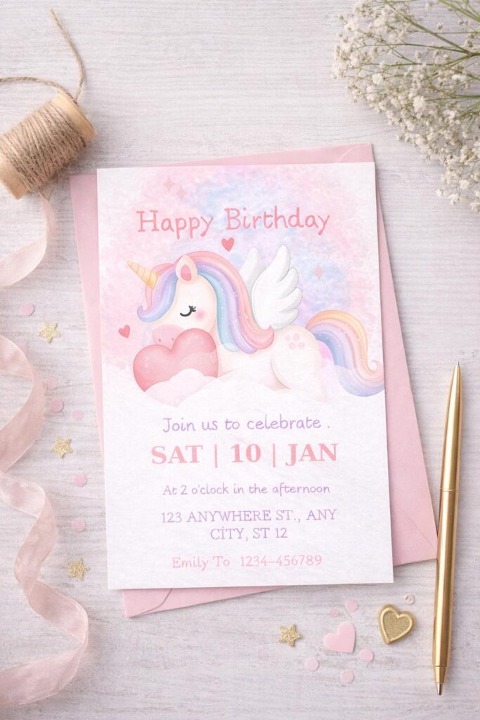Unicorn Birthday Invitation, Pastel Pink, Girls Party (Digital Download, 5×7 Inch)