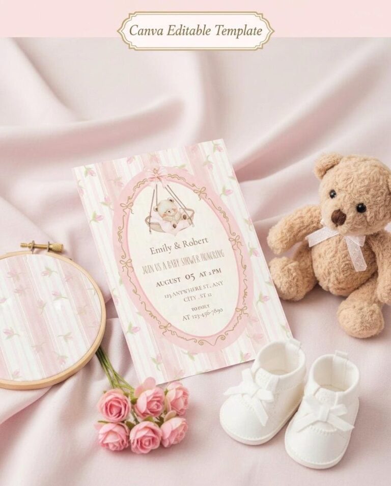 Pink Bear Baby Shower Invitation Template • Boho Floral (Canva Editable)