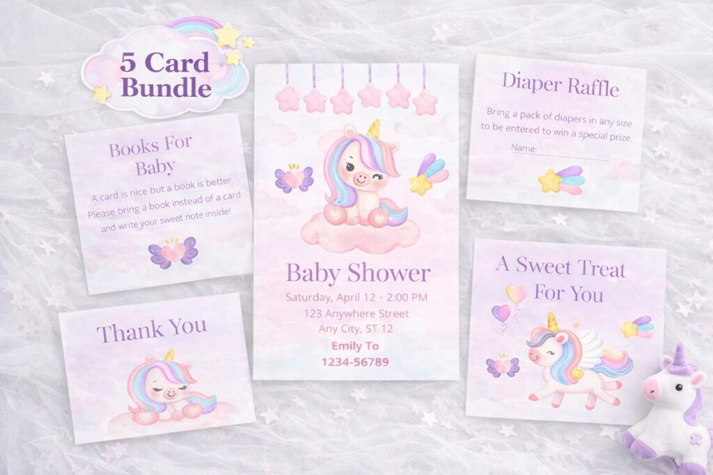 Unicorn Baby Shower Invitation Bundle | Pastel Girl Theme (Editable Canva Template, Digital Download)