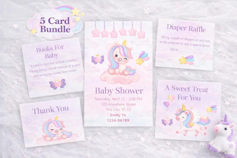 Unicorn Baby Shower Invitation Bundle | Pastel Girl Theme (Editable Canva Template, Digital Download)