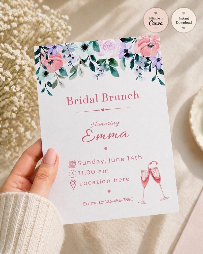 Editable Pink Floral Bridal Brunch Invitation Template (Instant Download)