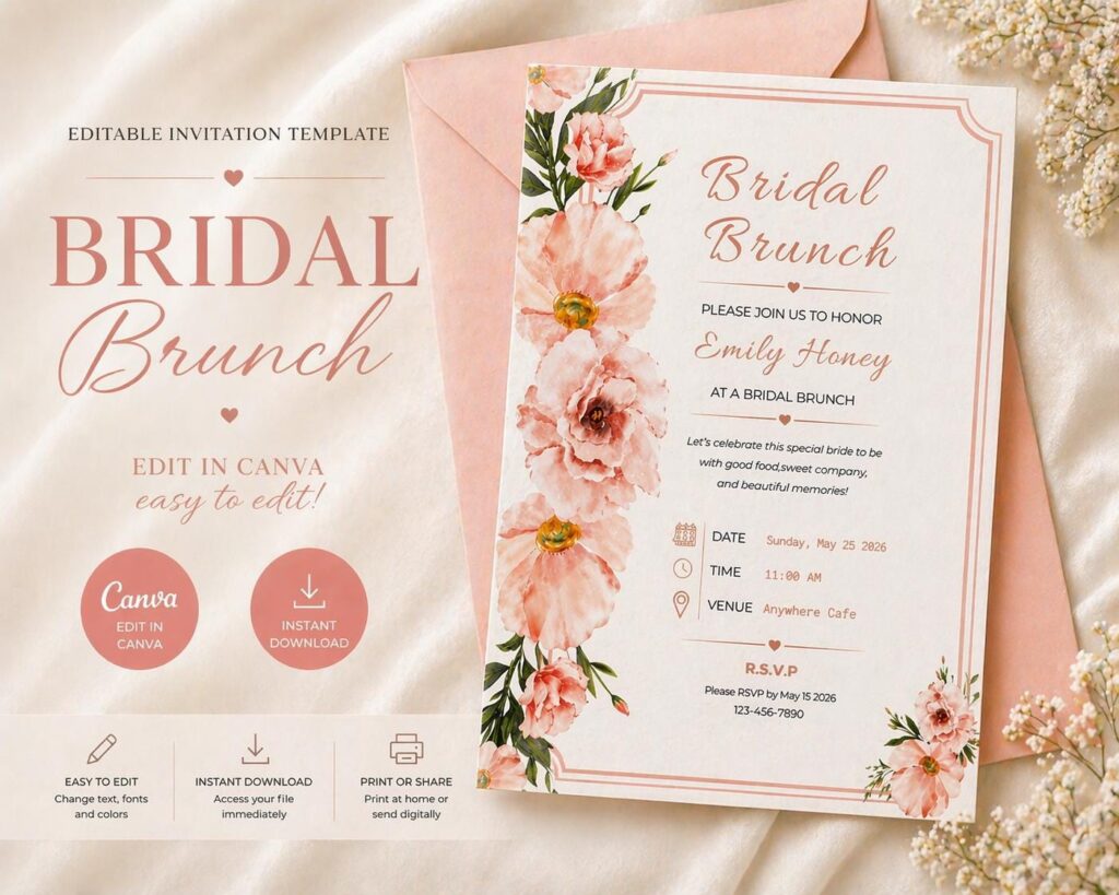 Floral Bridal Brunch Invitation Template, Editable Canva, Blush Peach Watercolor (Instant Download)