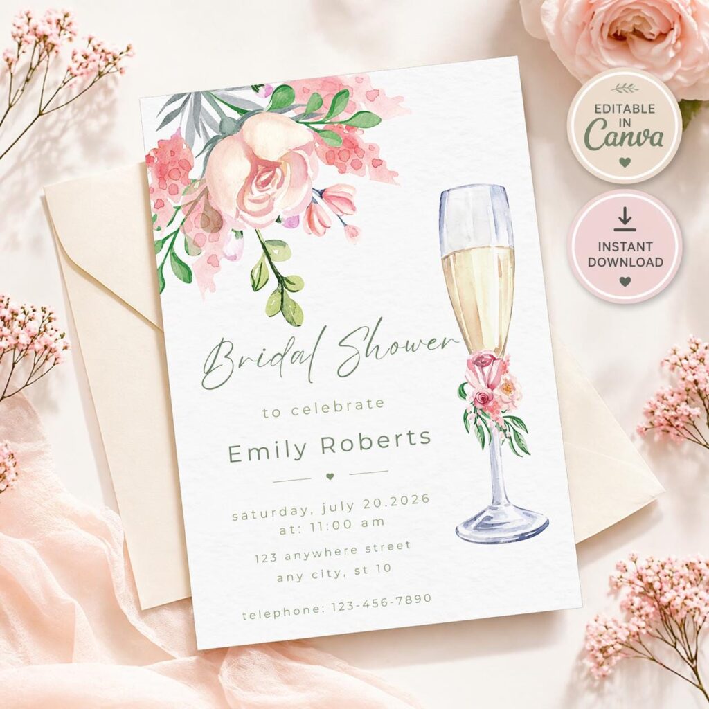 Floral Bridal Shower Invitation, Pink Rose Template, Editable Canva Invite (5×7)