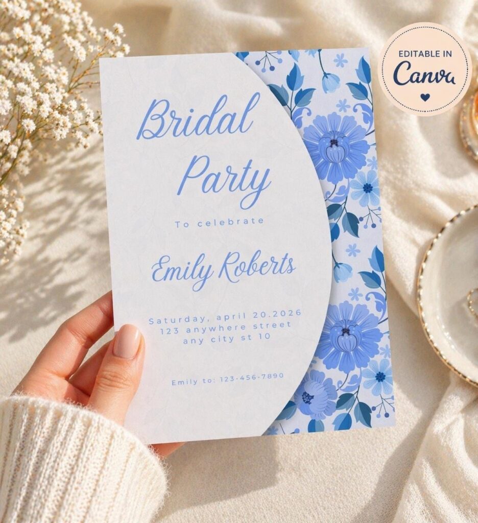 Blue Floral Bridal Party Invitation Template, Editable Canva Wedding Invite (Instant Download)