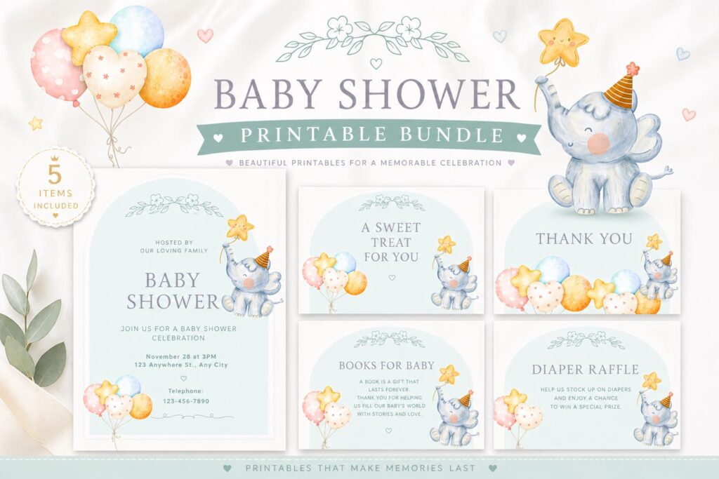 Blue Elephant Baby Shower Invitation Bundle | Canva Editable, 5 Card Set (PDF)