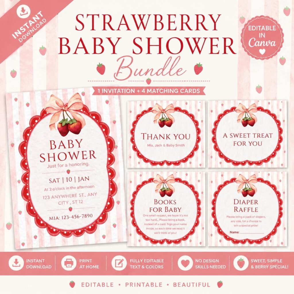 Strawberry Baby Shower Invitation Bundle, Pink Bow, Editable Canva Template