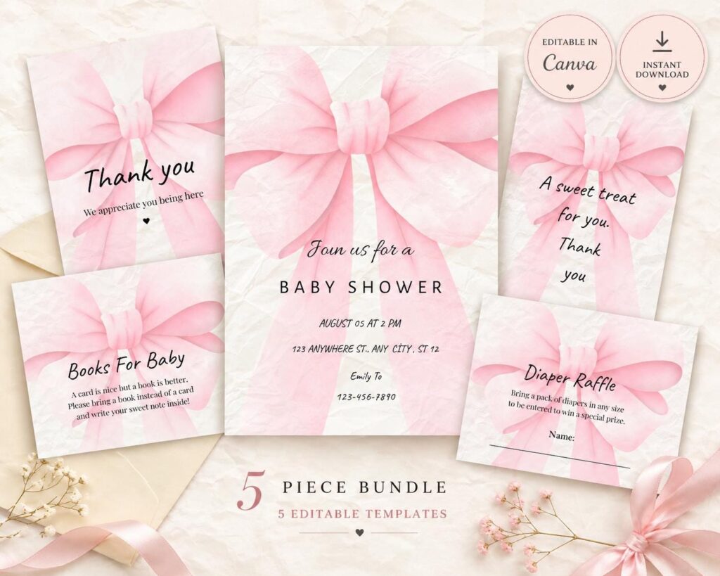 Pink Bow Baby Shower Invitation Bundle | Editable Canva Template (Instant Download)