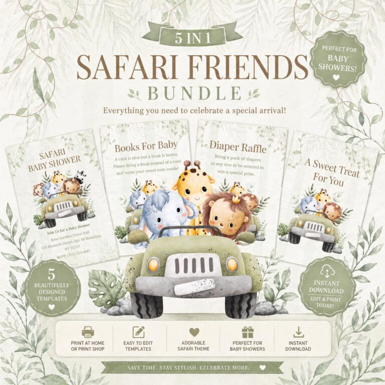 Safari Baby Shower Invitation Bundle, Jungle Animals, Editable Canva Template (Digital Download)