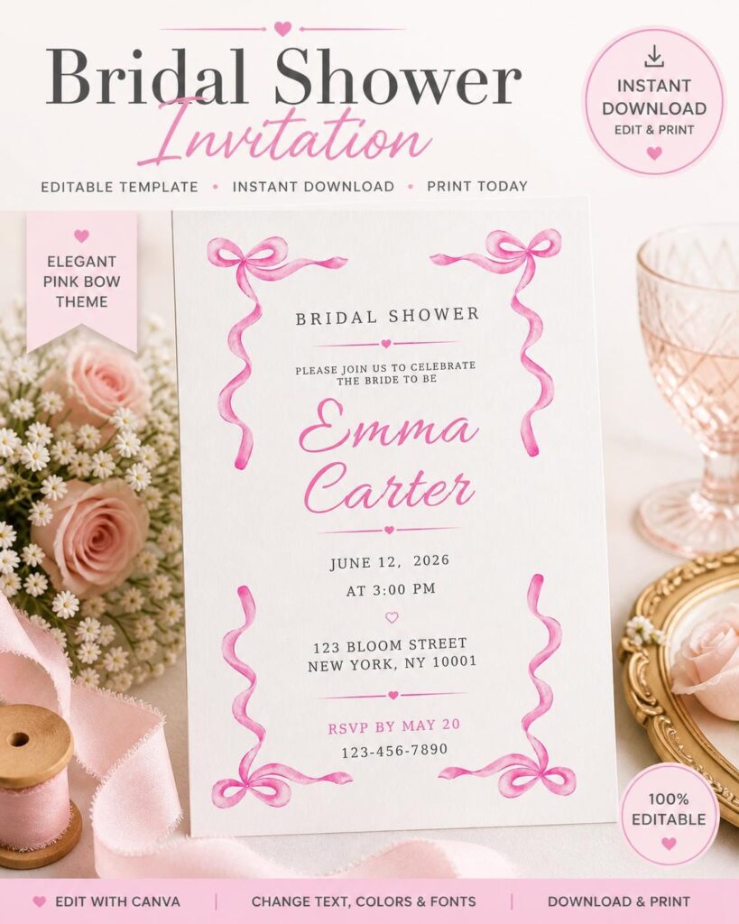 Editable Pink Bow Bridal Shower Invitation Template (5×7 Instant Download)