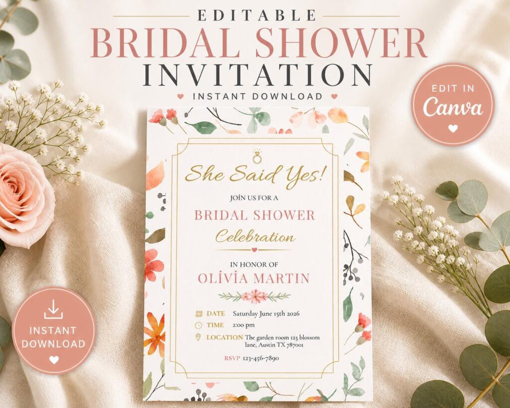 Editable Floral Bridal Shower Invitation, She Said Yes Template (Instant Download)