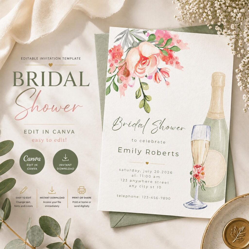Editable Pink Floral Bridal Shower Invitation Template (Canva, Digital Download)