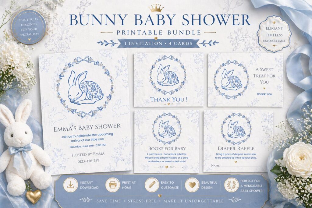 Blue Bunny Baby Shower Invitation Set | Printable, Editable in Canva (5-Piece Bundle)