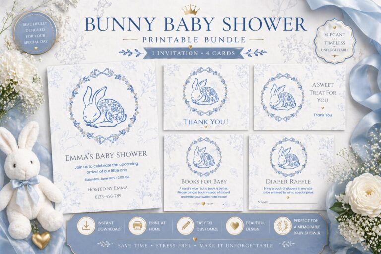 Blue Bunny Baby Shower Invitation Set | Printable, Editable in Canva (5-Piece Bundle)