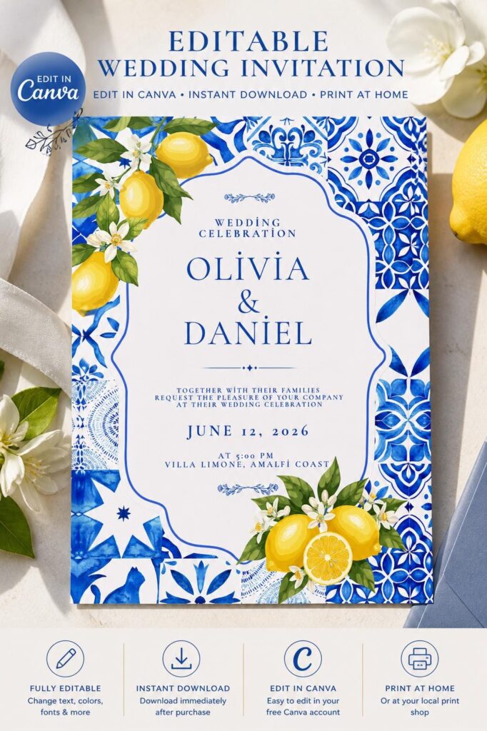 Editable Lemon Wedding Invitation, Amalfi Coast Blue Tile Invite (Digital Download)