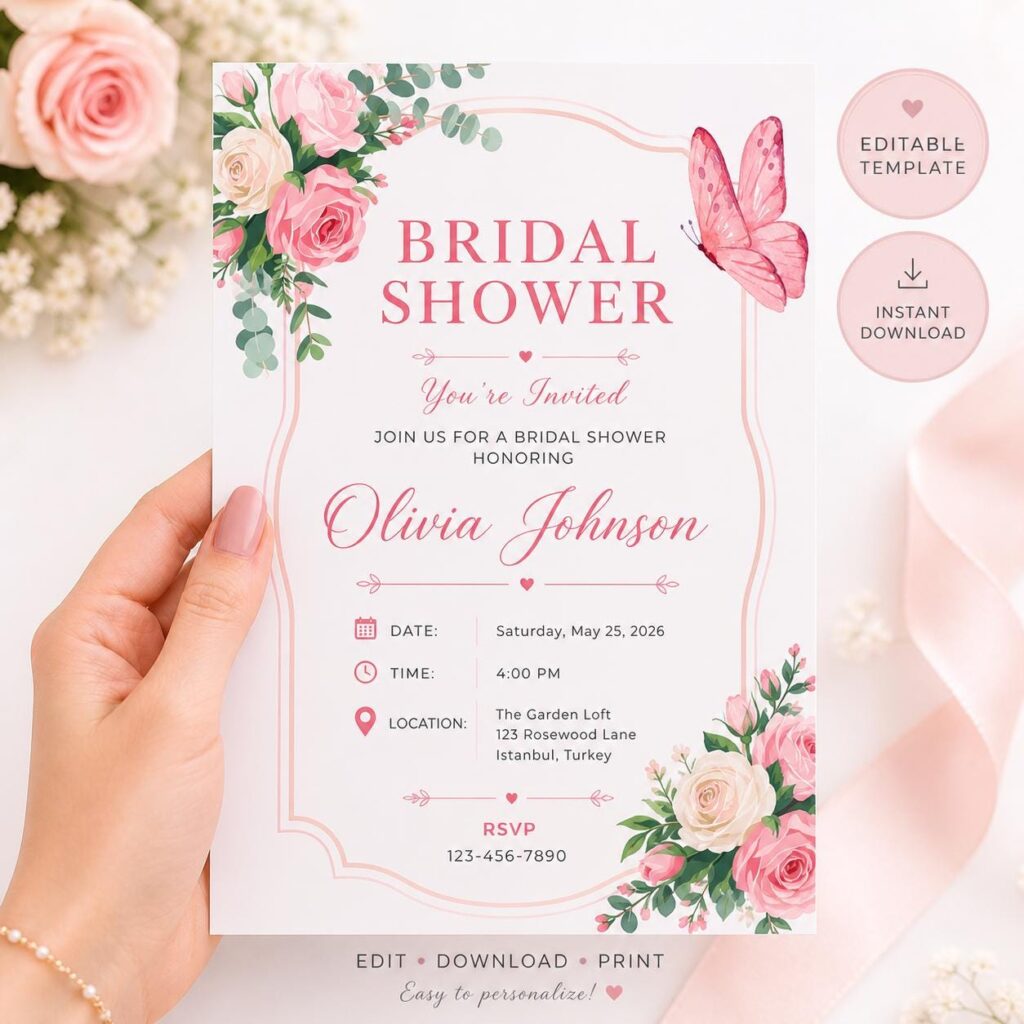Editable Pink Floral Butterfly Bridal Shower Invitation (Instant Download)