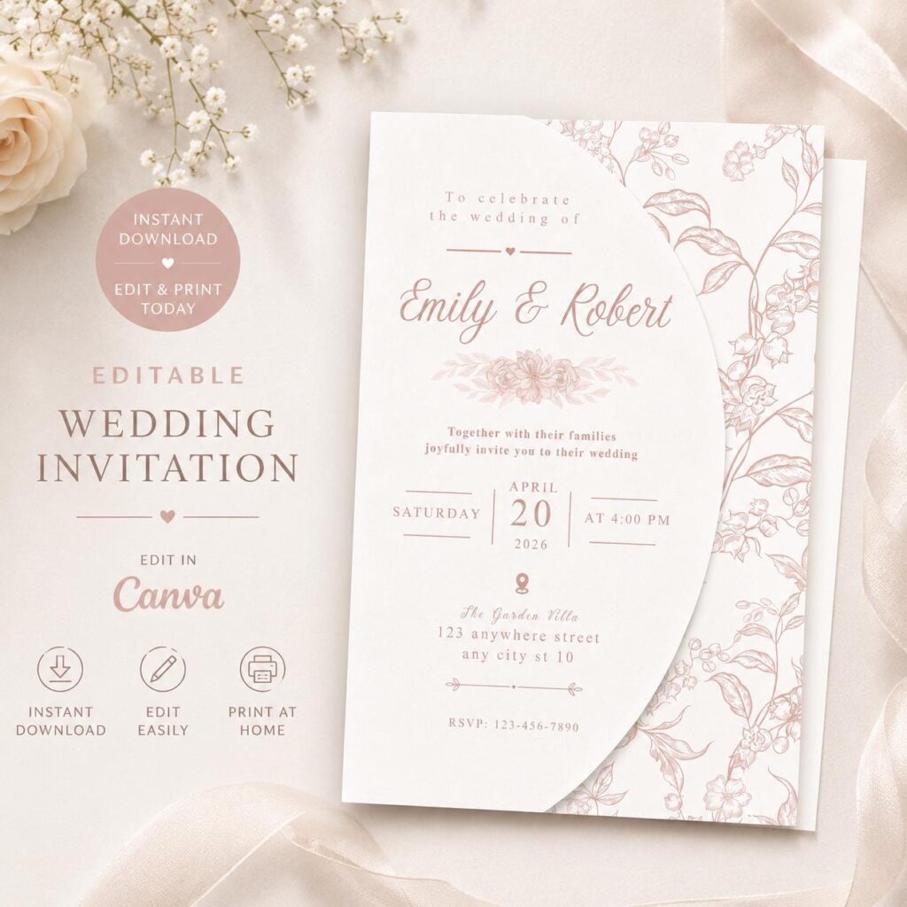Editable Blush Floral Wedding Invitation Template (5×7), Canva Digital Download