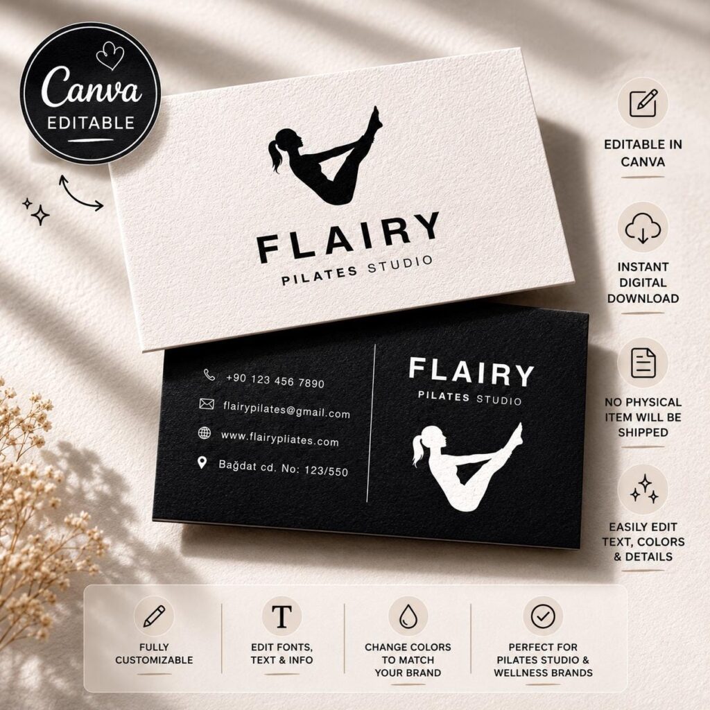 Editable Pilates Studio Business Card, Modern Minimalist Branding (Digital Download)