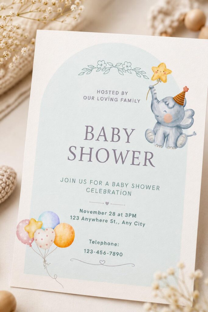 Blue Elephant Baby Shower Invitation | Editable Canva Template (Digital Download)