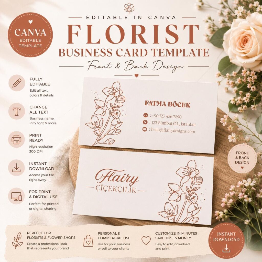 Editable Florist Business Card Template, Floral Shop Design (Digital Download)