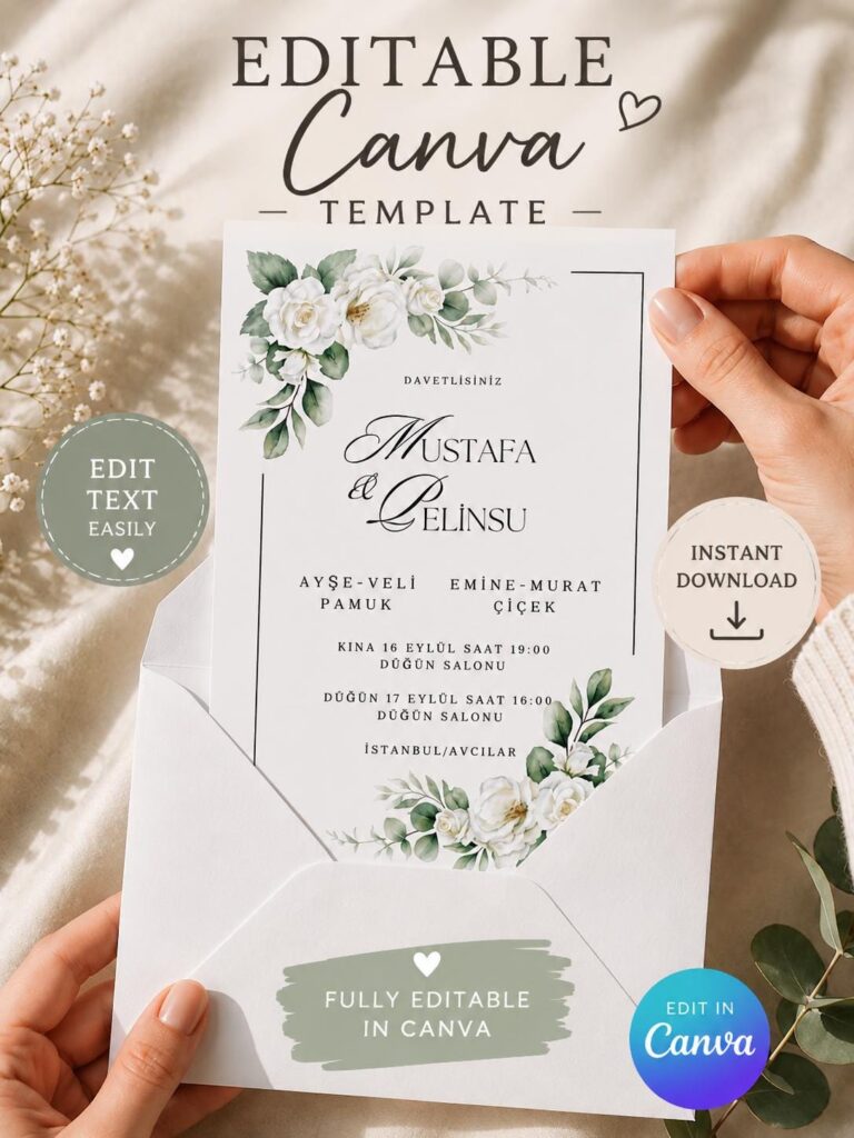 Floral Wedding Invitation Template, Editable Canva Wedding Invite (Instant Download)