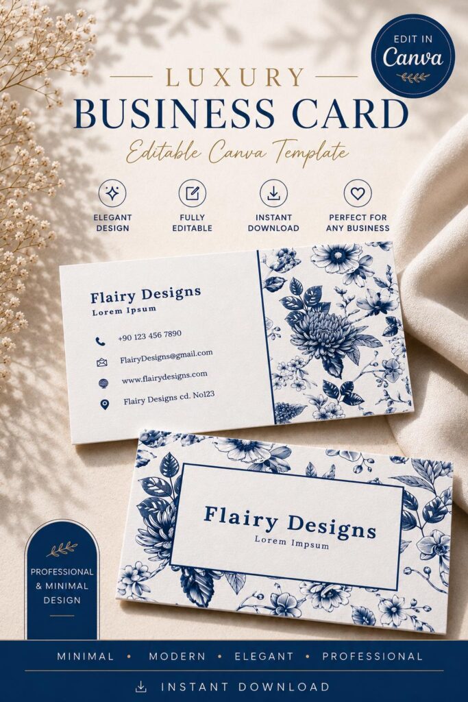 Luxury Floral Business Card Template, Blue Modern Florist Canva Design (Digital Download)