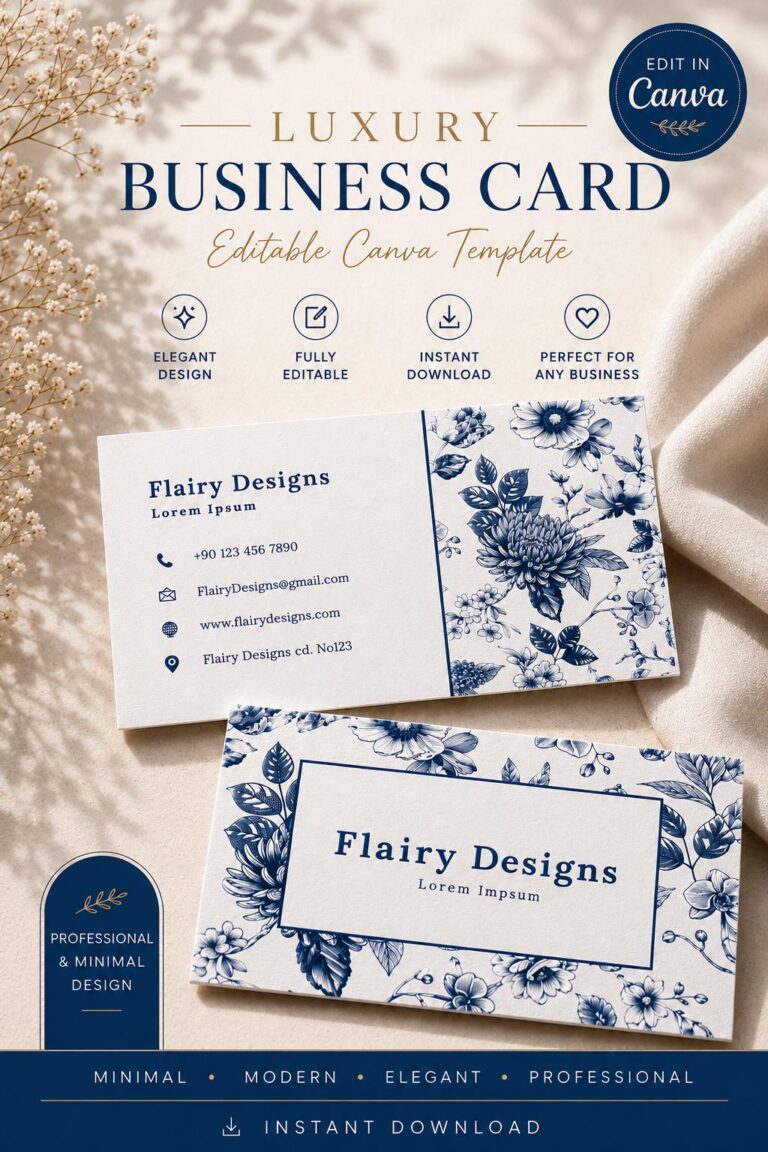 Luxury Floral Business Card Template, Blue Modern Florist Canva Design (Digital Download)