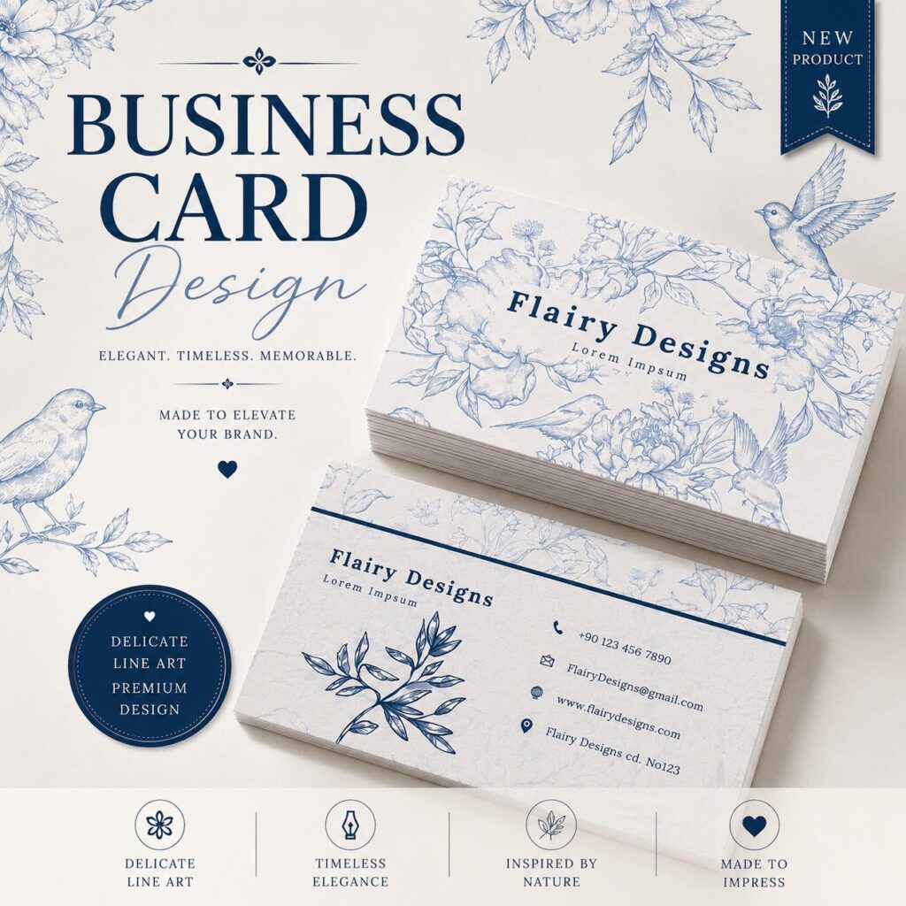 Editable Blue Floral Business Card Template, Vintage Botanical Design (Instant Download)
