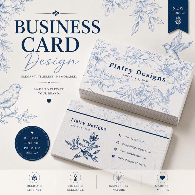 Editable Blue Floral Business Card Template, Vintage Botanical Design (Instant Download)