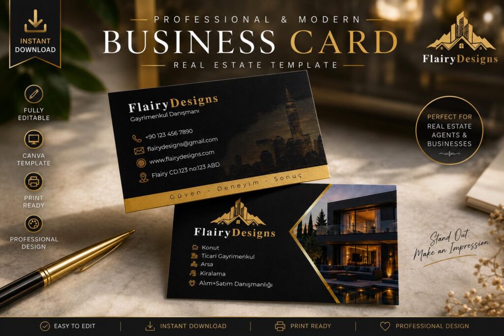 Luxury Real Estate Business Card Template | Modern Gold Black Realtor (Canva Download)