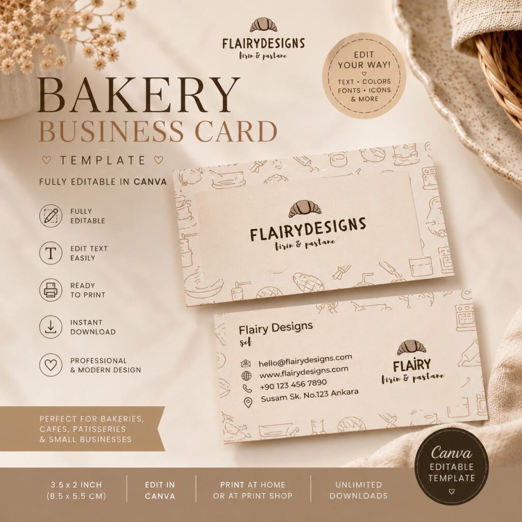 Luxury Bakery Business Card Template, Editable Canva Pastry Shop (Instant Download)