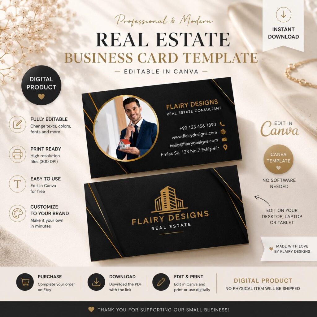 Luxury Real Estate Business Card Template | Modern Gold Black Canva Editable (Digital Download)